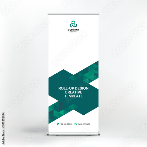 Banner design, roll-up stand for advertising, conferences, seminars, poster template for placing photos and text. Creative background for presentation