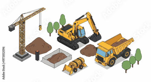 Yellow construction vehicles and equipment.