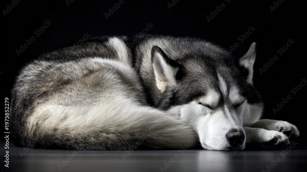 Fototapeta premium Peaceful Siberian Husky Dog Sleeping Curled Up on Dark Background, Serene Canine Rest