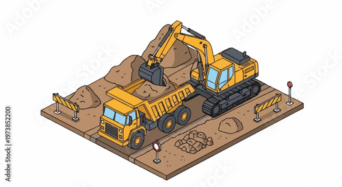 Yellow construction excavator and dump truck.