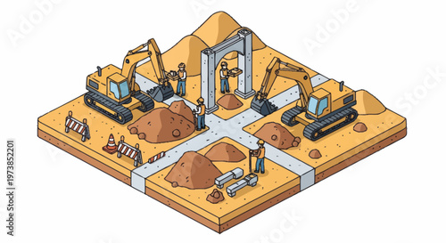 Construction site with excavators working.