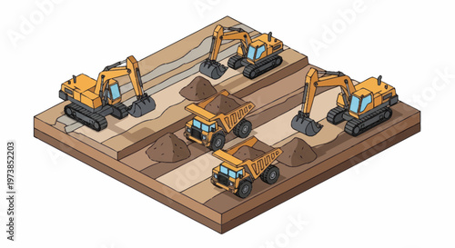 Yellow excavator machines on construction site.