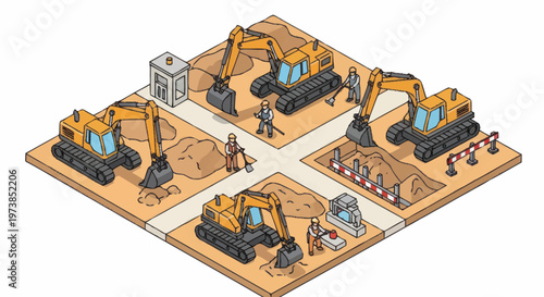 Heavy construction equipment excavators at work.