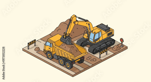 Yellow Construction Dump Truck and Excavator.