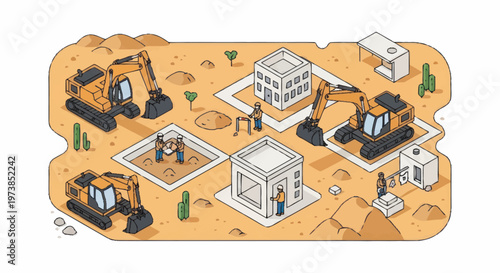 Construction site with excavators working.