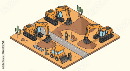Yellow construction excavator machines at work.