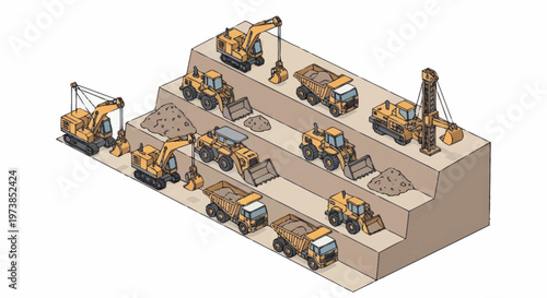 Construction site with many trucks working.