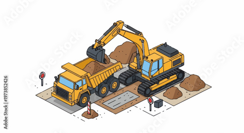 Yellow Construction Excavator and Truck.