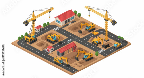 Construction site with cranes and excavators.