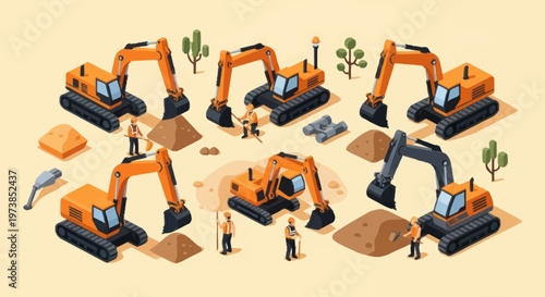 Group of excavators on construction site.