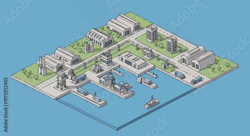 Industrial harbor with cargo ships and cranes.
