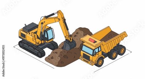 Yellow excavator and dump truck machines.