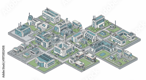 Industrial area with many buildings.