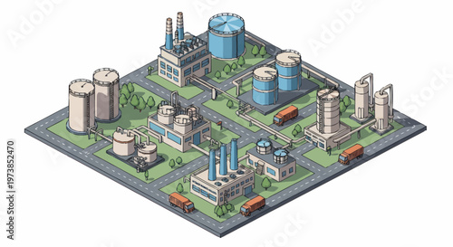 Industrial factory complex with buildings.
