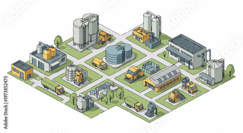 Industrial factory complex with buildings.