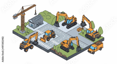 Yellow construction excavators and machinery.