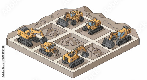 Toy construction vehicles on grid.