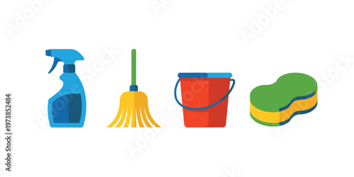 Cleaning Supplies Icons Set with Spray Bottle Broom Bucket and Sponge for Household and Janitorial Concepts
