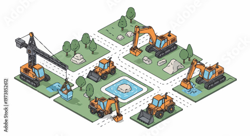 Construction site with heavy machinery equipment.