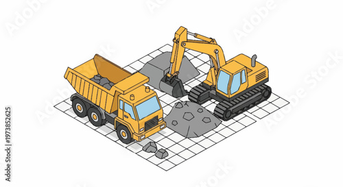 Yellow excavator and dump truck machines.