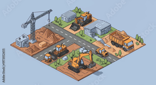 Construction site with heavy machinery equipment.