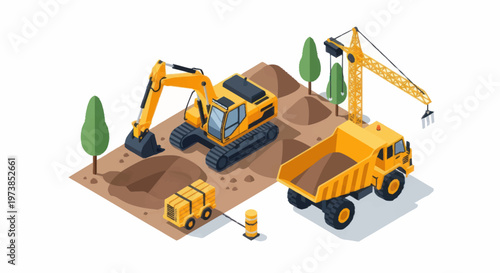 Yellow construction vehicles on site.