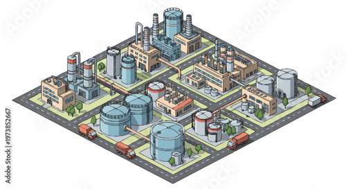 Industrial factory complex with machinery.