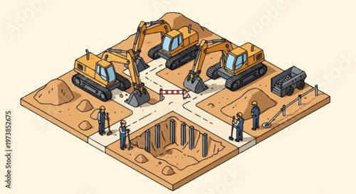 Construction site with workers and excavators.