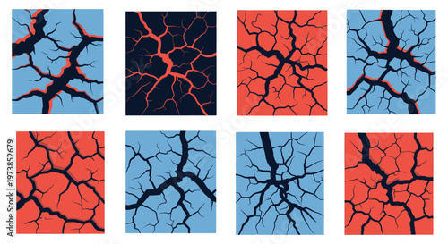Abstract crack pattern designs in red and blue.