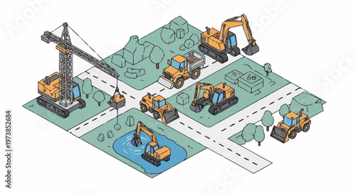 Construction site with heavy machinery equipment.