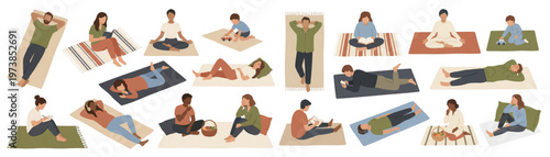 Top View Minimalist Flat Vector Park Scene: Diverse People Relaxing and Picnic on Mats
