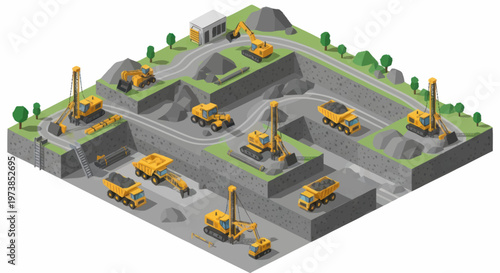 Yellow construction vehicles at work site.