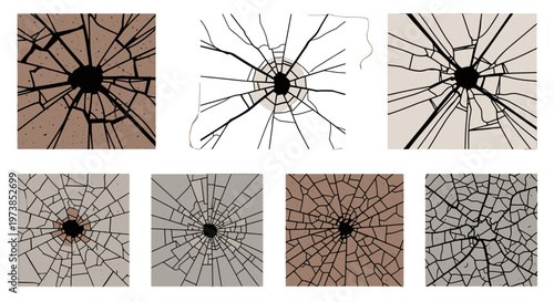 Collection of cracked glass textures and patterns.