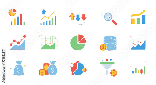 Collection of colorful business and finance icons.
