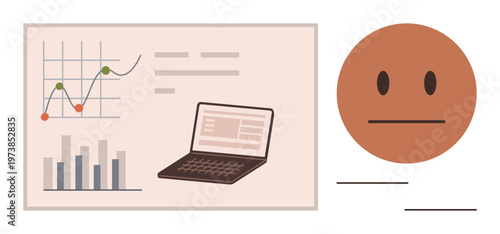 Data visualization, emotional insights, analytics communication, digital mood tracking, business reports, online surveys. Chart and laptop near a neutral face icon. Data visualization and emotional