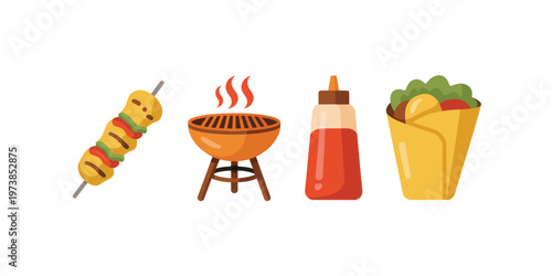 BBQ Food Icons Set Grill Skewer Sauce Wrap Colorful Barbecue Cooking Illustration