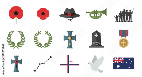 A collection of vector icons commemorating ANZAC Day and Remembrance Day with poppies, crosses, and Australian symbols