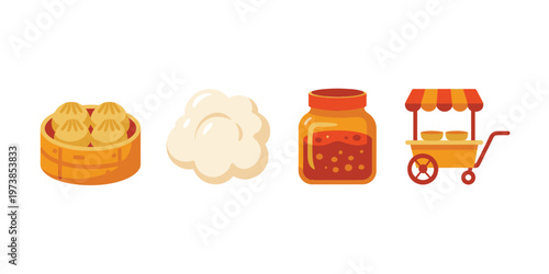 Steamed Dumplings Icons Dim Sum Food Cart Asian Street Food with Bamboo Steamer and Dipping Sauce
