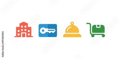Hotel Service Icons Set Hospitality Key Luggage Cart Covered Dish Flat Vector Travel Elements