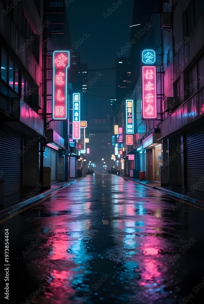 Fototapeta premium neon cyberpunk street rain, wet alley night, glowing signs japan, futuristic city vibe, rainy neon alley, cyber city night, pink blue neon, urban cyberpunk, night rain street, tokyo inspired neon