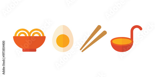 Asian Food Icons Set with Noodles Egg Chopsticks and Soup for Restaurant Menu and Cuisine Design