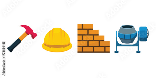 Construction Icons Set with Hammer Hard Hat Bricks and Cement Mixer for Building Tools and Materials