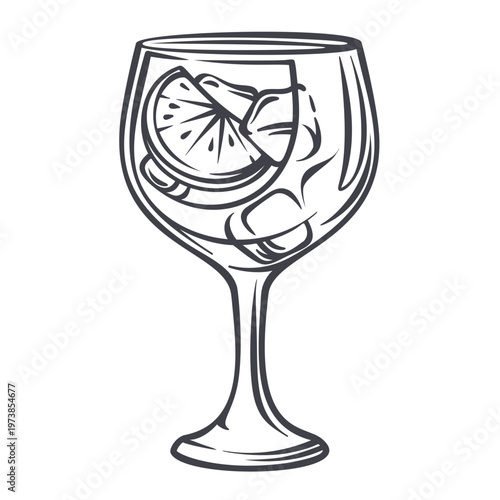 Gin tonic cocktail in stem glass with ice cubes, lime slice and clear summer drink in monochrome outline. Bar menu, drink card and cocktail design with gin tonic, vector illustration