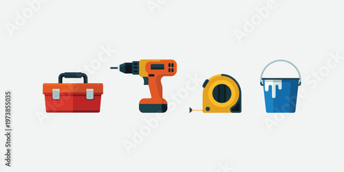 Construction Tools Icons Set Toolbox Drill Tape Measure Paint Bucket for DIY Home Improvement and Repair