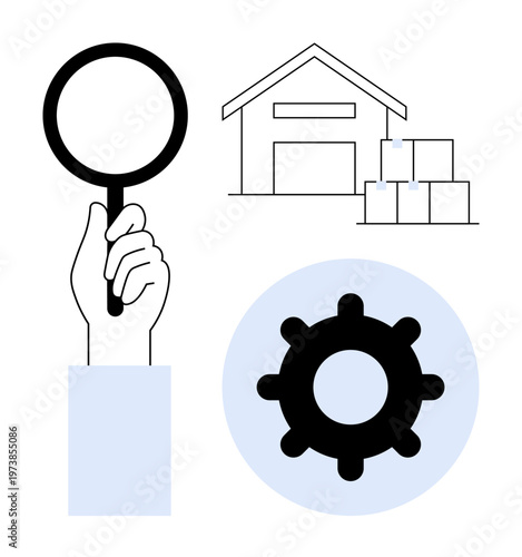 Inventory management concept. Visual of inventory with magnifying glass, warehouse, and gear process optimization. For supply chain, logistics, analytics, warehousing, operations