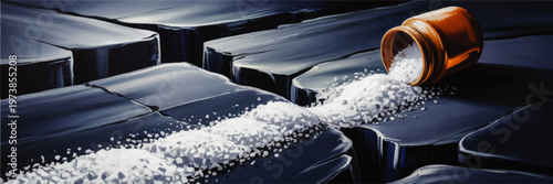 Prescription Medicine Bottle Spilling White Pills Across Cracked Dark Surface, Concept Illustration of Addiction and Health Risk