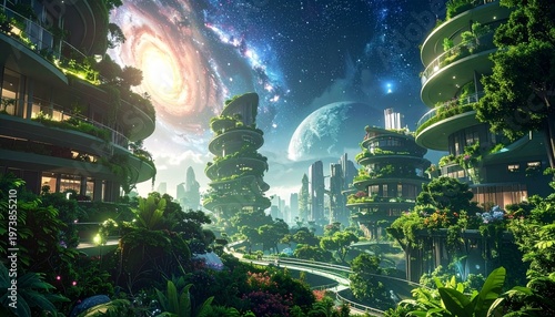 Futuristic Cityscape with Greenery and Galaxy.