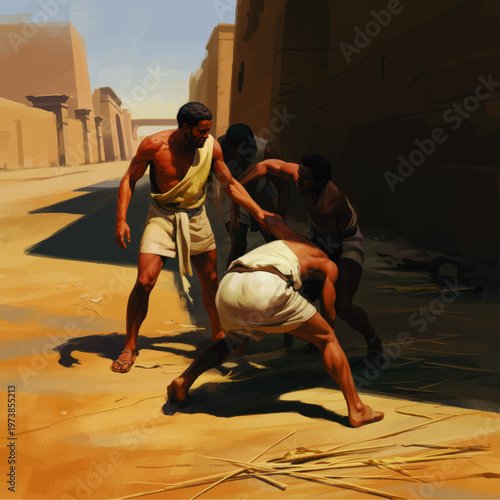 Dramatic ancient street brawl painting with muscular men in linen garments, desert city shadows, and sunlit historical architecture