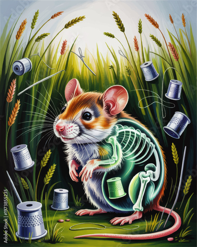 Curious Field Mouse with Glowing Skeleton Anatomy in Tall Grass Surrounded by Needles Thread and Thimbles Illustration