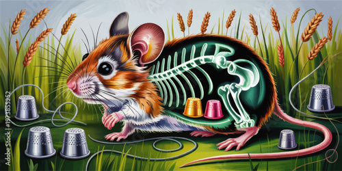 Surreal mouse anatomy illustration with glowing skeleton in wheat field and thimbles, whimsical educational nature artwork